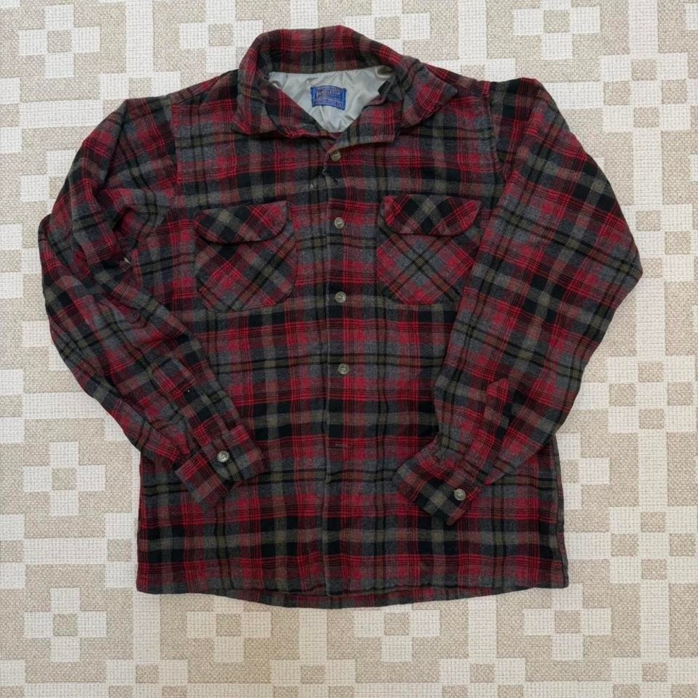 Vintage 60s Pendleton Flannel Button Shirt Size Medium Red Black Gray USA